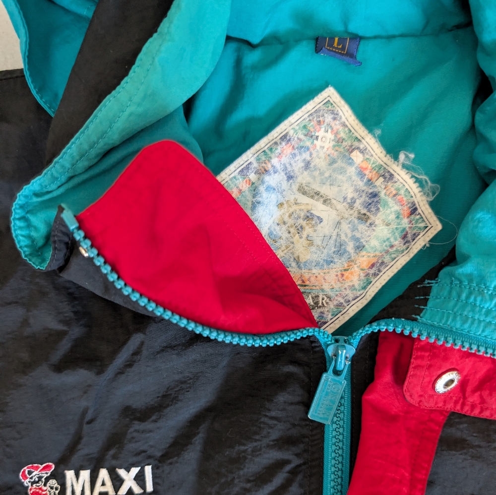 90s Monroe Maxi Muffler Racing Hooded Colorblock Windbreaker Jacket Black Teal L image 4